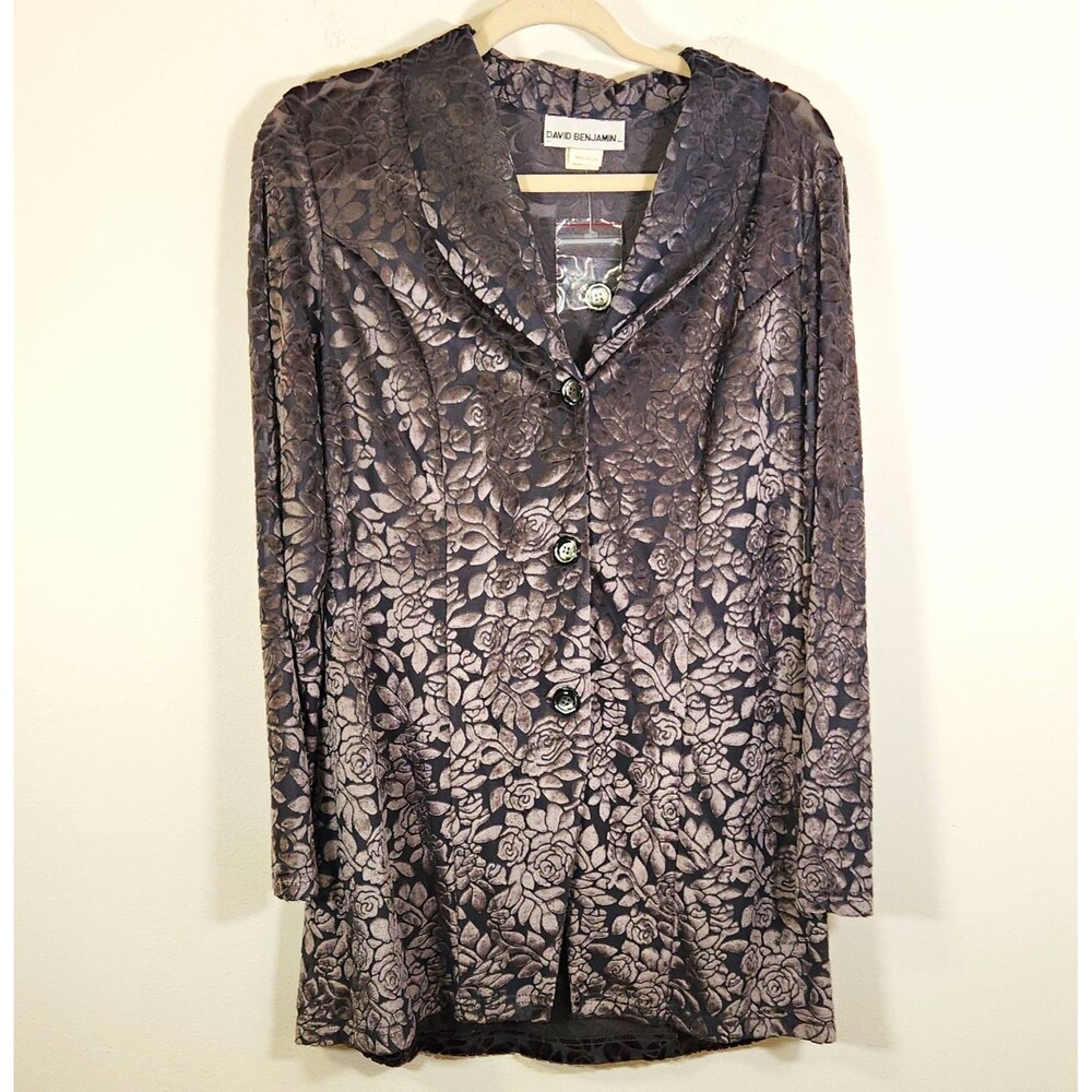 Vtg David Benjamin Silver Burn Out Velvet Cowl Neck Button Down Shirt Size 16